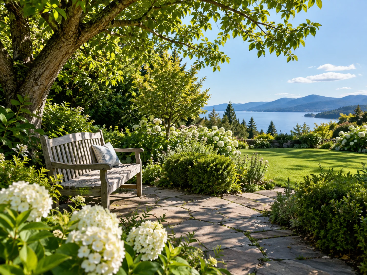 Illustrative sunlit garden with a wooden bench and flowering plants.